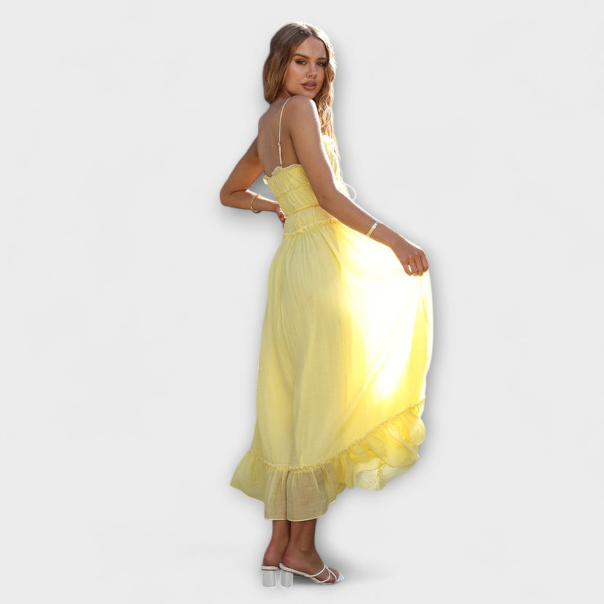 ROMINA | Vestido midi sin mangas con volantes