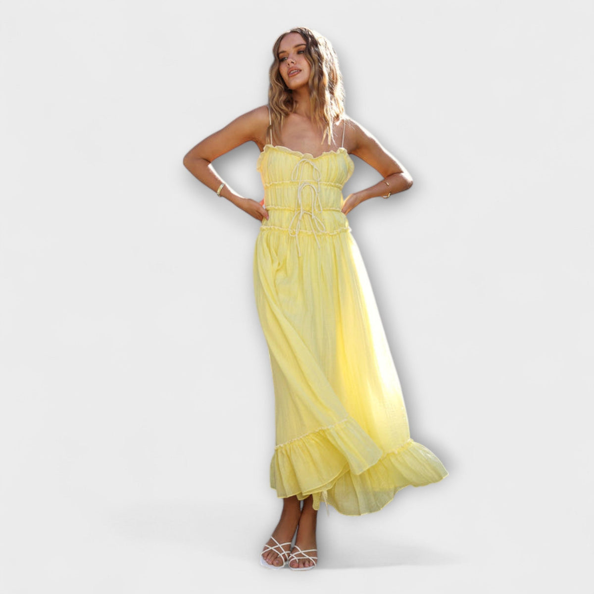 ROMINA | Vestido midi sin mangas con volantes