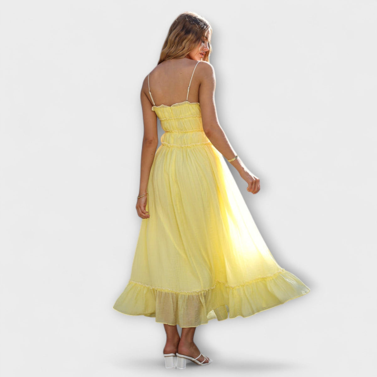 ROMINA | Vestido midi sin mangas con volantes