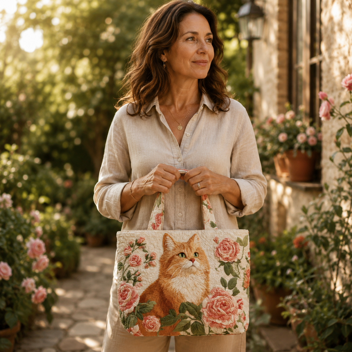 ISABELLA | Bolso artesanal con gato y rosas